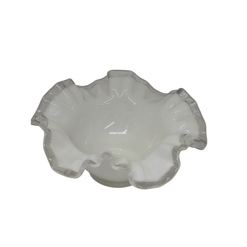 VTG Fenton White Silver Crest Milk Glass Ruffled Console Bowl 7"x3" Centerpiece